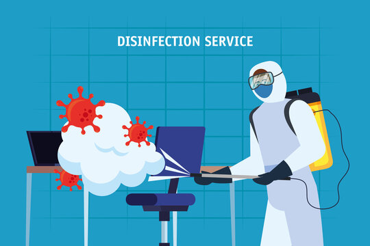 Man with protective suit spraying office desk with covid 19 virus design, Disinfects clean and antibacterial theme Vector illustration