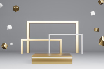 Golden product stand and silver and light yellow gold color square frame, with falling cube box decoration on gray background. 3D Rendering