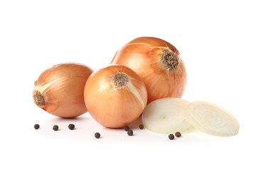 Fresh raw onion and spices on white background