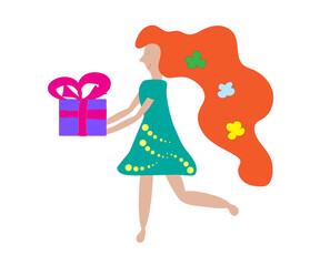 Girl in a green dress with a gift