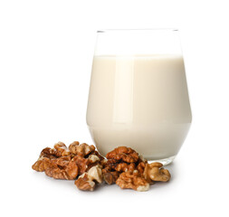 Glass of tasty walnut milk on white background