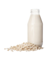 Bottle of tasty oat milk on white background