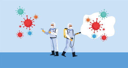 biosafety workers with sprayers disinfectant and covid19 particles