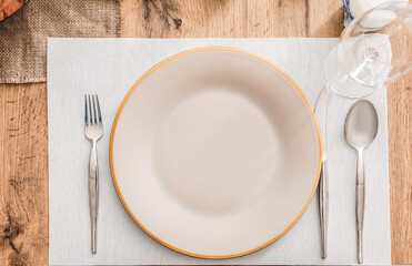 Beautiful table setting on wooden background