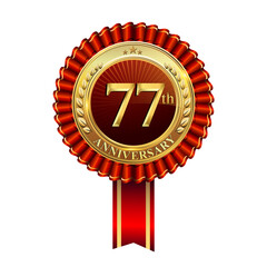 Celebrating 77th anniversary logo, with golden badge and red ribbon isolated on white background.