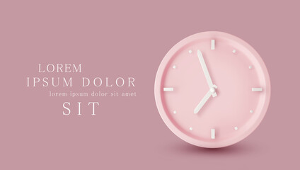 Vector  illustration with 3d object. Pink watch dial with white hands. Isolation on a pink background. Minimalistic pastel template for web site design, flyer, card, banner, advertisement.