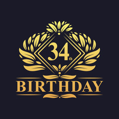 34 years Birthday Logo, Luxury Golden 34th Birthday Celebration.