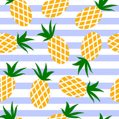 Yellow pineapples and blue stripes. For packaging, fabrics, scrapbooking.Vector pattern on a white background.
