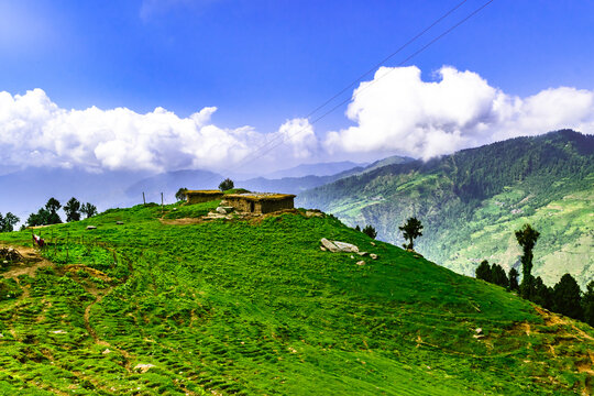 View of abandoned Hut made of stones & mud with cloudy blue sky background during sunset enroute to Prashar Lake trekking trail from Baggi village, Mandi, Kullu Manali region, Himachal Pradesh, India.