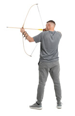 Handsome male archer with bow on white background