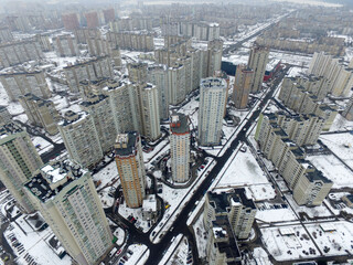Modern residential area of Kiev at winter time (drone image)