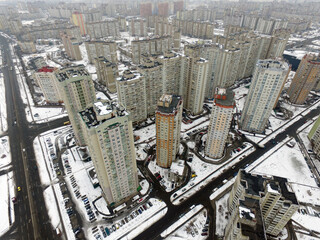 Fototapeta na wymiar Modern residential area of Kiev at winter time (drone image)