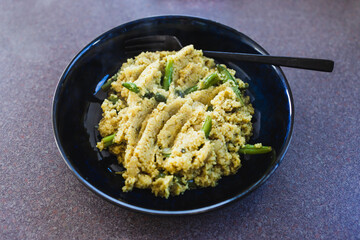 plant-based food, vegan cous cous with onion tahini and green beans