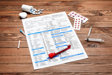 Blood sample in tube with pills and laboratory test form on wooden background. Concept of thyroid disease