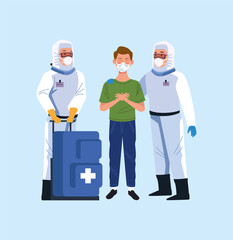 biosafety workers with biohazard suit and patient