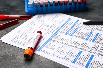 Blood samples in tubes and laboratory test form on dark background. Concept of thyroid disease