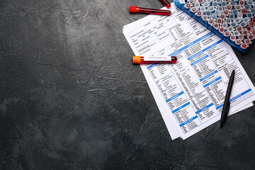 Blood samples in tubes and laboratory test form on dark background. Concept of thyroid disease