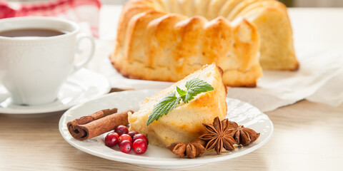 cake and tea on a table, selective focus