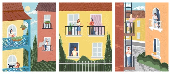 Building facade with people on balconies. Men and women talking to neighbours, exercise, watering flowers. Concept of neighbors in quarantine. Vector illustration