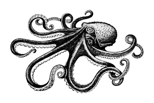 Octopus, Fish collection. Healthy lifestyle, delicious food. Hand-drawn images, black and white graphics.