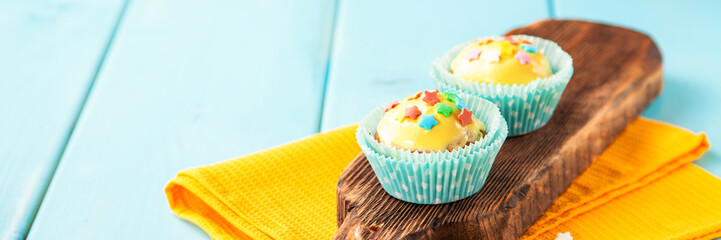Cakes on a table, Selective focus, Copy space.