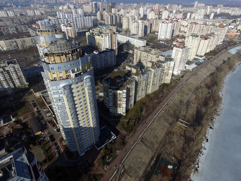 Modern residential area of Kiev at winter time (drone image)