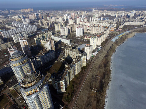 Modern residential area of Kiev at winter time (drone image)