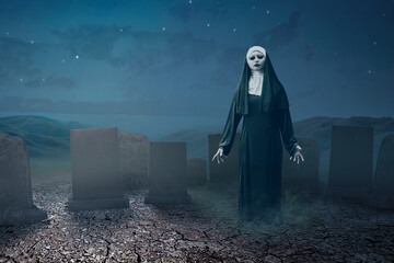 Frightening devil nun standing on the graveyard