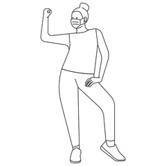 strong woman standing wearing mask fashionable outline vector illustration 