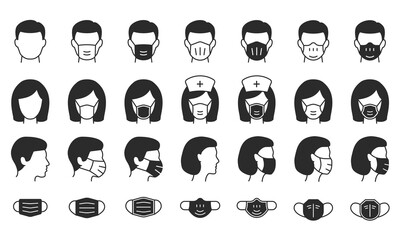 Man and Woman in medical mask icons. Black vector illustration.