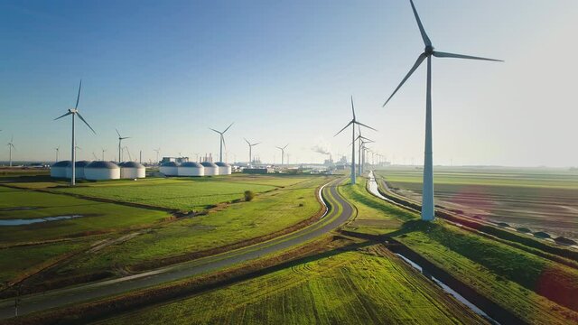 AERIAL WS Wind turbines in fields / Eemshaven, Groningen, the Netherlands
