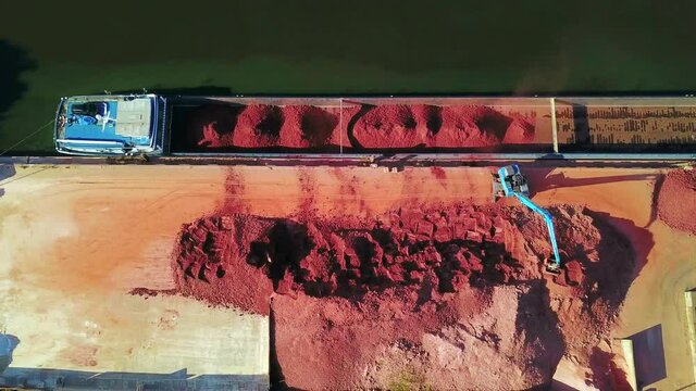 AERIAL ZO WS Rocks being loaded in barge in harbor/ Merzig, Saarland, Germany