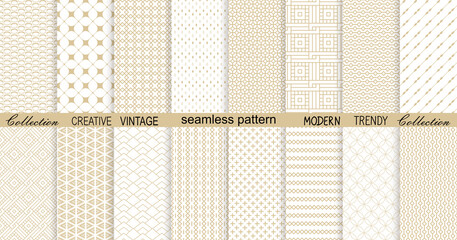 Vector Art Deco seamless patterns collection. Set of geometric ornamental patterns in gold on white background. Cute trendy textures. Modern design for Wallpaper, Fabric, Website Background