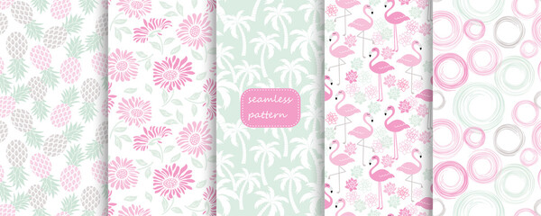 Set of  vintage seamless tropical patterns in retro colors. Hand drawn. Vector illustration for ceramic tile, wallpaper, textile, invitation, greeting card, web page background