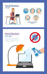 Businesswoman on desk with hands sanitizer and laptop design, Disinfects clean antibacterial and hygiene theme Vector illustration
