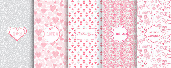 Set of Abstract seamless hand drawn patterns with hearts and flowers Template greeting card, invitation, wrapping paper, brochure, website background. Cute Valentine cards. Vector illustration