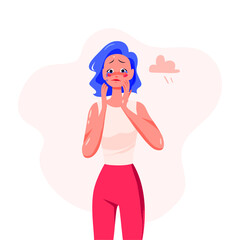 Young lady cartoon character crying isolated on white background. Depression, problem, stress, feeling tired, negative emotions concept. Vector flat illustration.