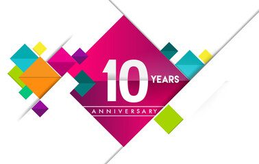 10th years anniversary logo, vector design birthday celebration with colorful geometric isolated on white background.