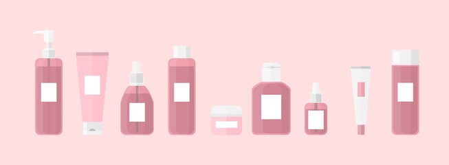 a pink set of different skincare products
