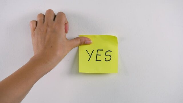 Closeup shot of woman's hand sticking note with "YES" word on a white background. Indian female's hand putting a handwritten yellow sticky note reading "Yes" on a white wall - a reminder concept