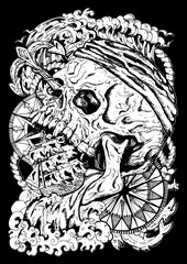 Nautical emblem with pirate skull and old sailing ship.