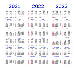 Calendar layouts set for 2021, 2022 and 2023 years. English template with basic grid on white background. Week starts from Sunday. Vertical annual calendar from January to December vector design