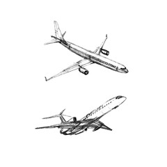 Fototapeta na wymiar Set of airplanes on a white background. Hand drawn pencil illustrations. Black and white