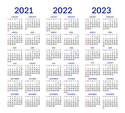 Calendar layouts set for 2021, 2022 and 2023 years. English template with basic grid on white background. Week starts from Sunday. Vertical annual calendar from January to December vector design