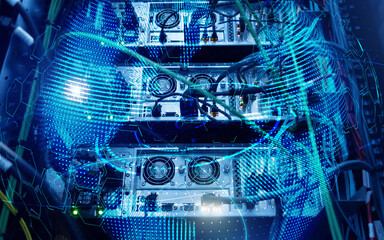 Planet Earth globe global communication technology concept server room background.