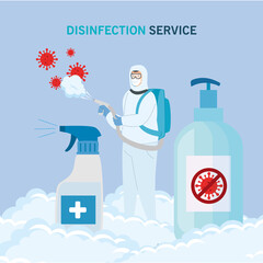 Man with protective suit spraying covid 19 virus and sanitizer bottles design, Disinfects clean antibacterial and hygiene theme Vector illustration