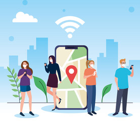 people wearing medical mask communicating by smartphones, covid 19, social media coronavirus concept vector illustration design