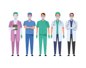 doctors staff wearing medical masks characters