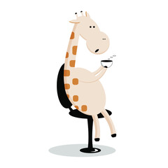 Giraffe sits in an office chair and drinks coffee. The office worker is resting.