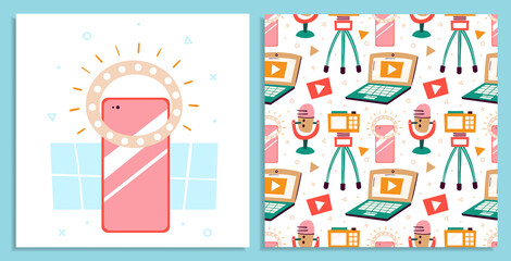 Blogging, vlogging set. Filming items. Laptop, camera, tripod, microphone, lightning, smartphone. Flat colourful vector seamless pattern, texture, background, backdrop. Selfie, photo. Card making.